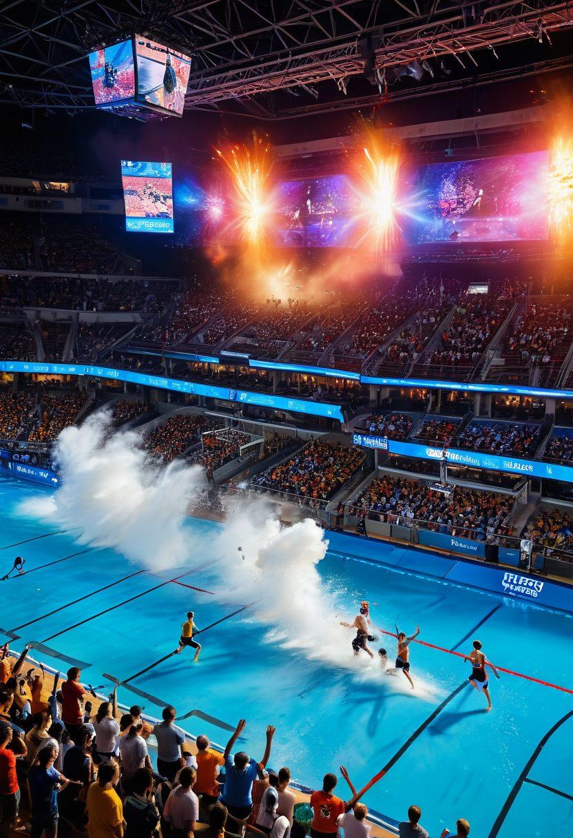 A dynamic sports scene featuring diverse athletes in action, each representing different sports like soccer, basketball, and swimming, with colorful spectators cheering in the background. Showcase a vibrant scoreboard displaying live updates and scores, emphasizing the excitement of real-time coverage. Incorporate elements like cameras capturing moments and digital screens featuring highlights. Use a wide-angle perspective to convey energy and engagement. super-realistic. vibrant colors. 3D.