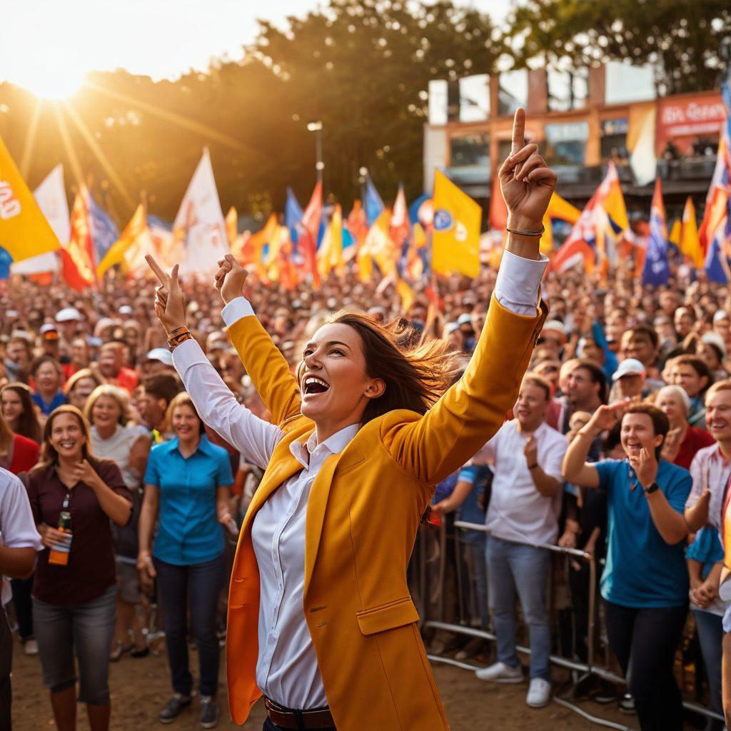 Dynamic composition of a sports broadcaster at a lively outdoor event, capturing excitement on their face as they commentate. Surrounding elements include cheering fans, colorful banners, and various sports being played, with the sun setting in the background. Lively, energetic atmosphere emphasized through bright colors and motion blur. super-realistic. vibrant colors. lively background.