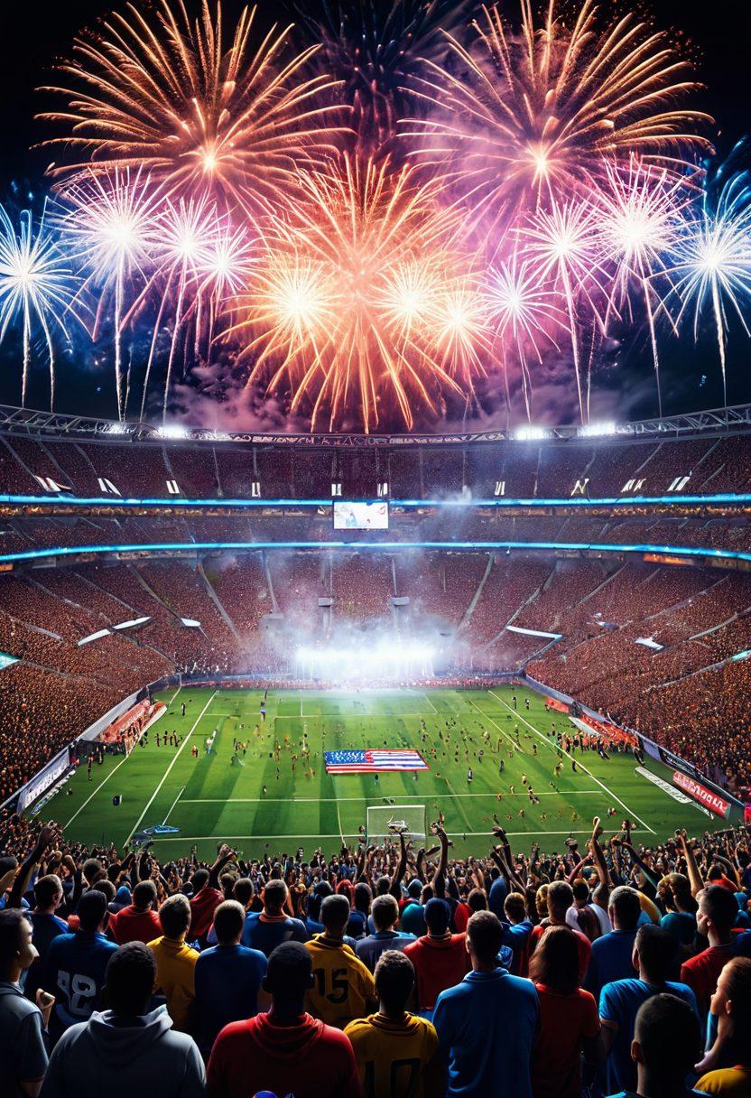A dynamic, energetic scene capturing a crowd cheering in a stadium, vibrant sports highlights and vivid banners, showcasing various live sports events like football, basketball, and racing. Include diverse fans wearing jerseys and holding up signs in excitement, with fireworks and confetti in the background. The whole composition should convey the thrill and communal spirit of live sports. super-realistic. vibrant colors. 3D.